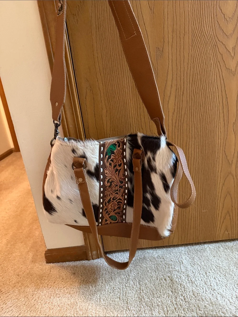 Myra Bag Leather Accent Cowhide Crossbody Bag in Brown and Black - Picture 1 of 7